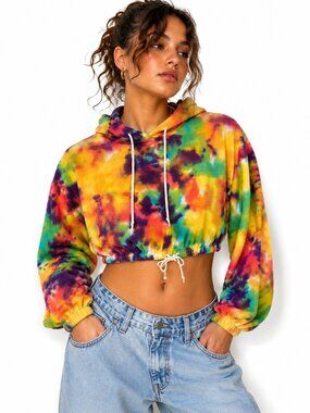 Obey Tie Dye Small Cropped Hoodie Streetwear Y2K Festival Fleece Sweatshirt